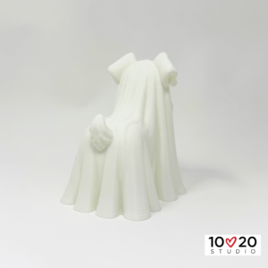 Standing Ghostly Schnauzer LED tealight lantern, back view with draped ghost sheet and tail