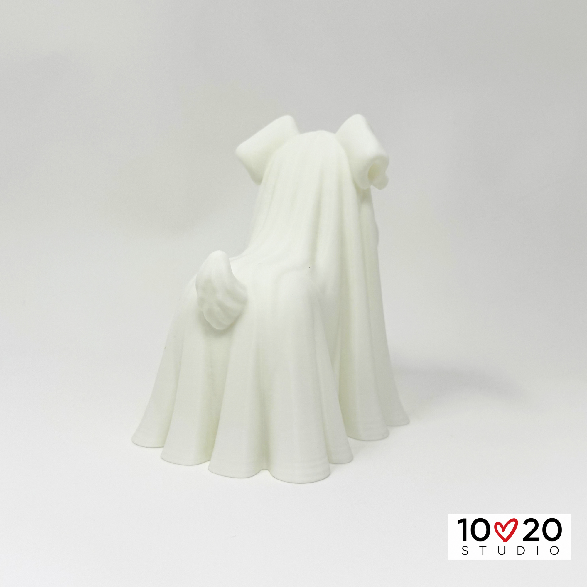 Standing Ghostly Schnauzer-3 Standing Ghostly Schnauzer LED tealight lantern, back view with draped ghost sheet and tail
