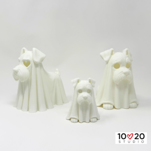 Standing Ghostly Schnauzer shown with two sitting Ghostly Schnauzer lanterns