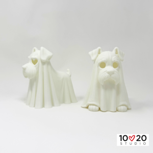 Standing and sitting Ghostly Schnauzer LED tealight lanterns displayed together